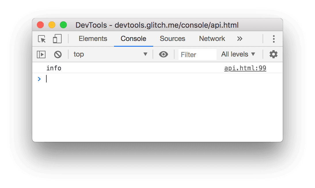 Il risultato dell'esempio console.info() riportato sopra.