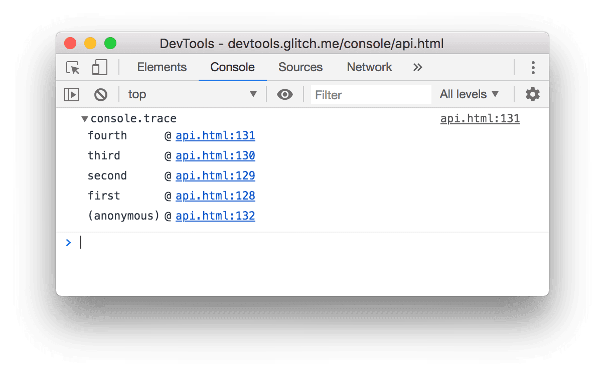 ผลลัพธ์ของตัวอย่างconsole.trace() ข้างต้น