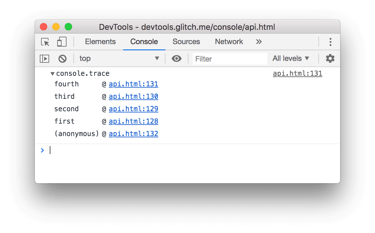 Wynik wywołania console.trace() w przykładzie powyżej.
