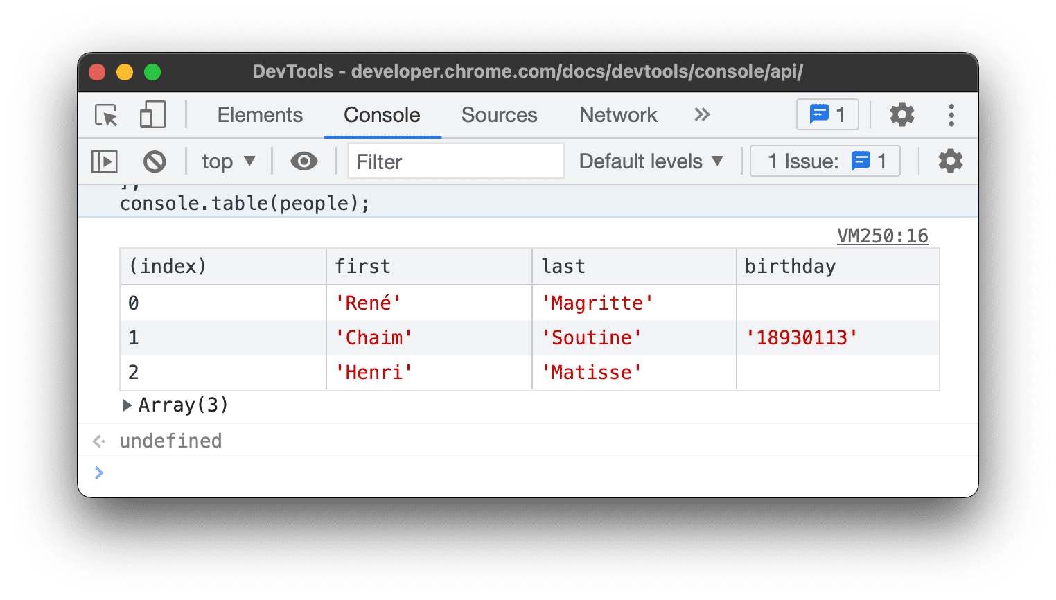 Het resultaat van het bovenstaande console.table()-voorbeeld.