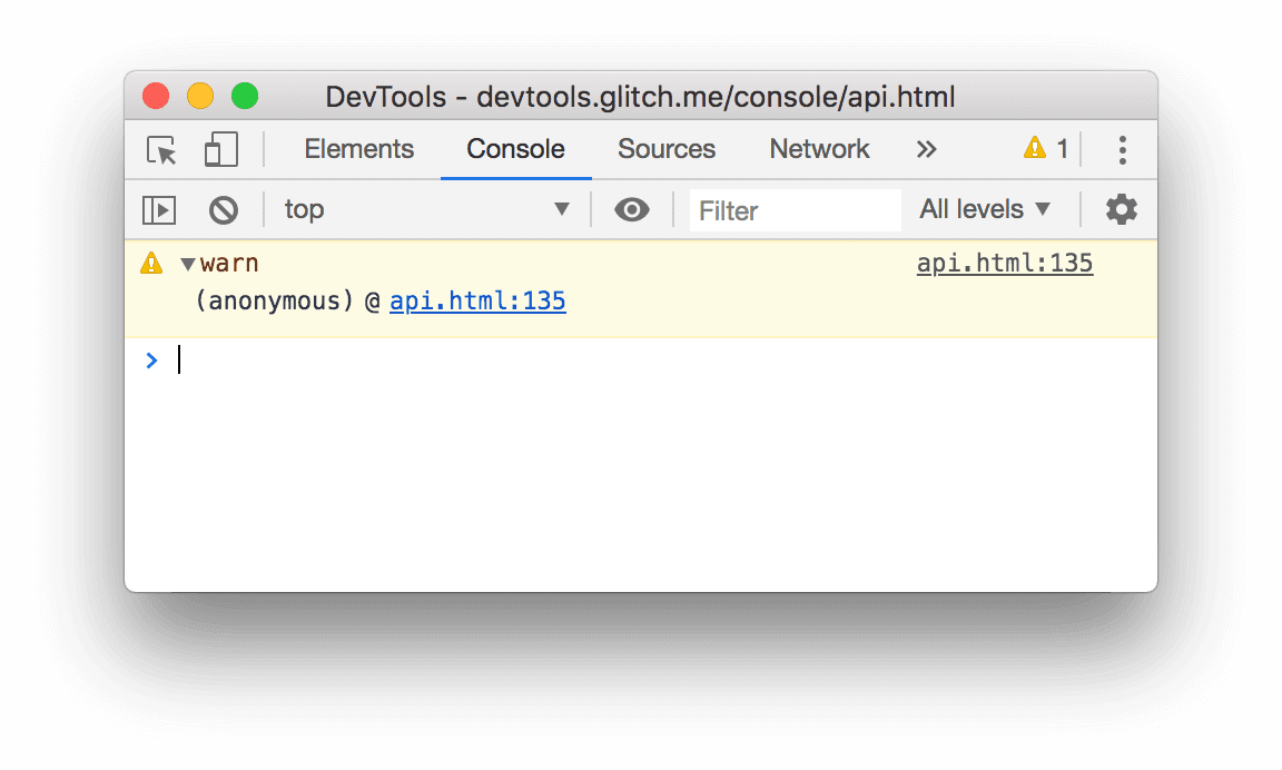 Il risultato dell'esempio console.warn() riportato sopra.