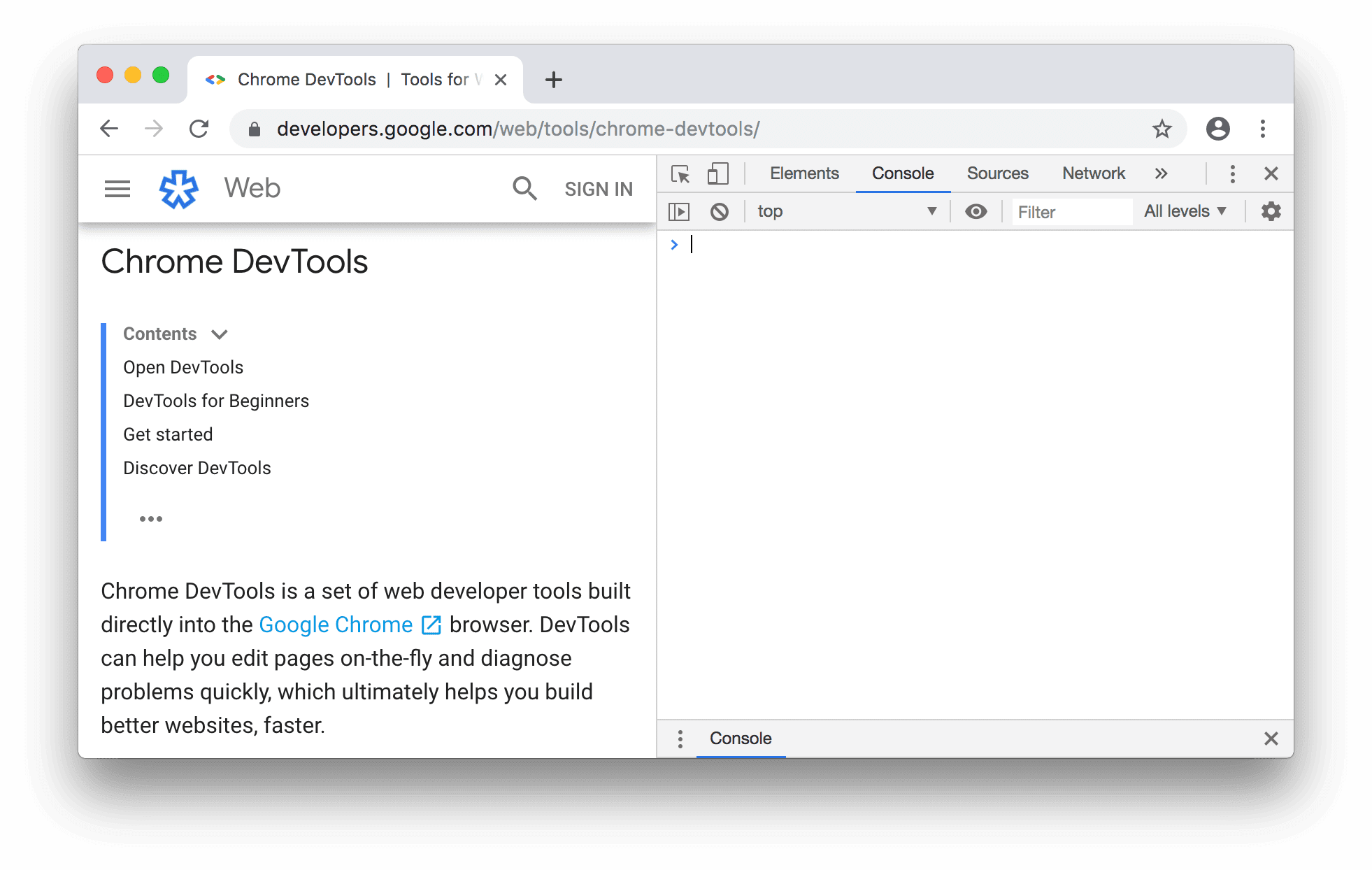 O painel do console ao lado da página inicial do DevTools.