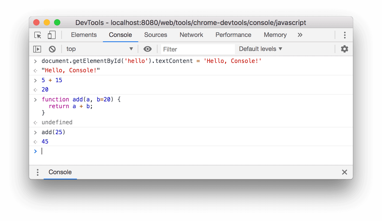 How the Console looks after evaluating the expressions above.