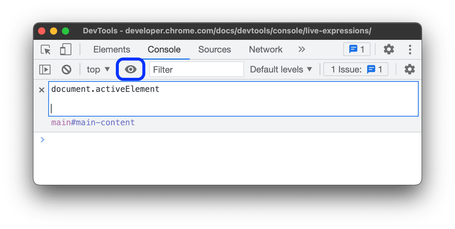 Wpisanie parametru document.activeElement w polu tekstowym Live Expression.