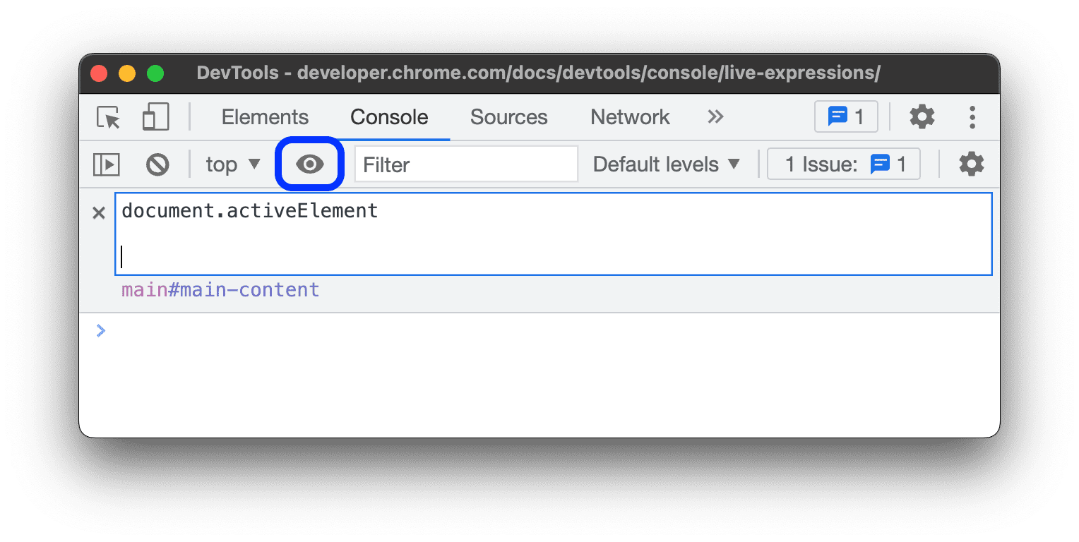लाइव एक्सप्रेशन टेक्स्ट बॉक्स में document.activeElement टाइप करना.