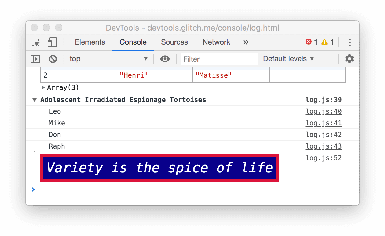 Log messages in the Console, DevTools