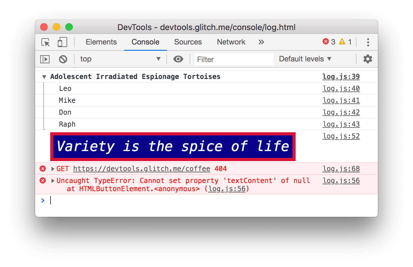 Een TypeError in de console.