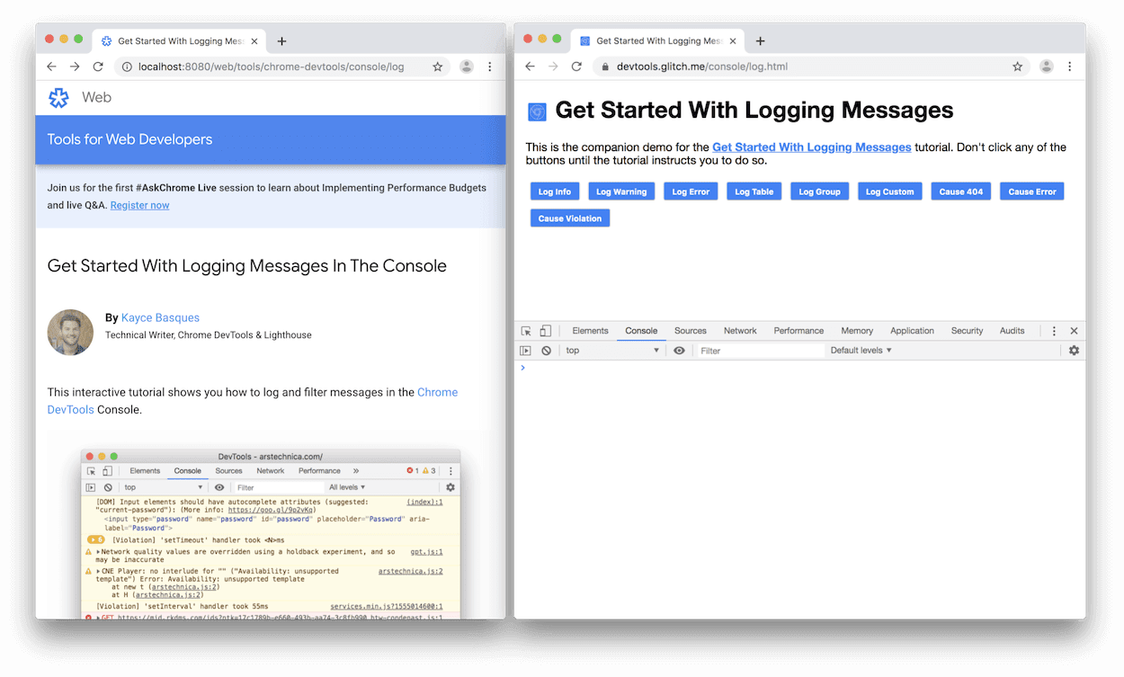 DevTools dikaitkan ke bagian bawah demo.