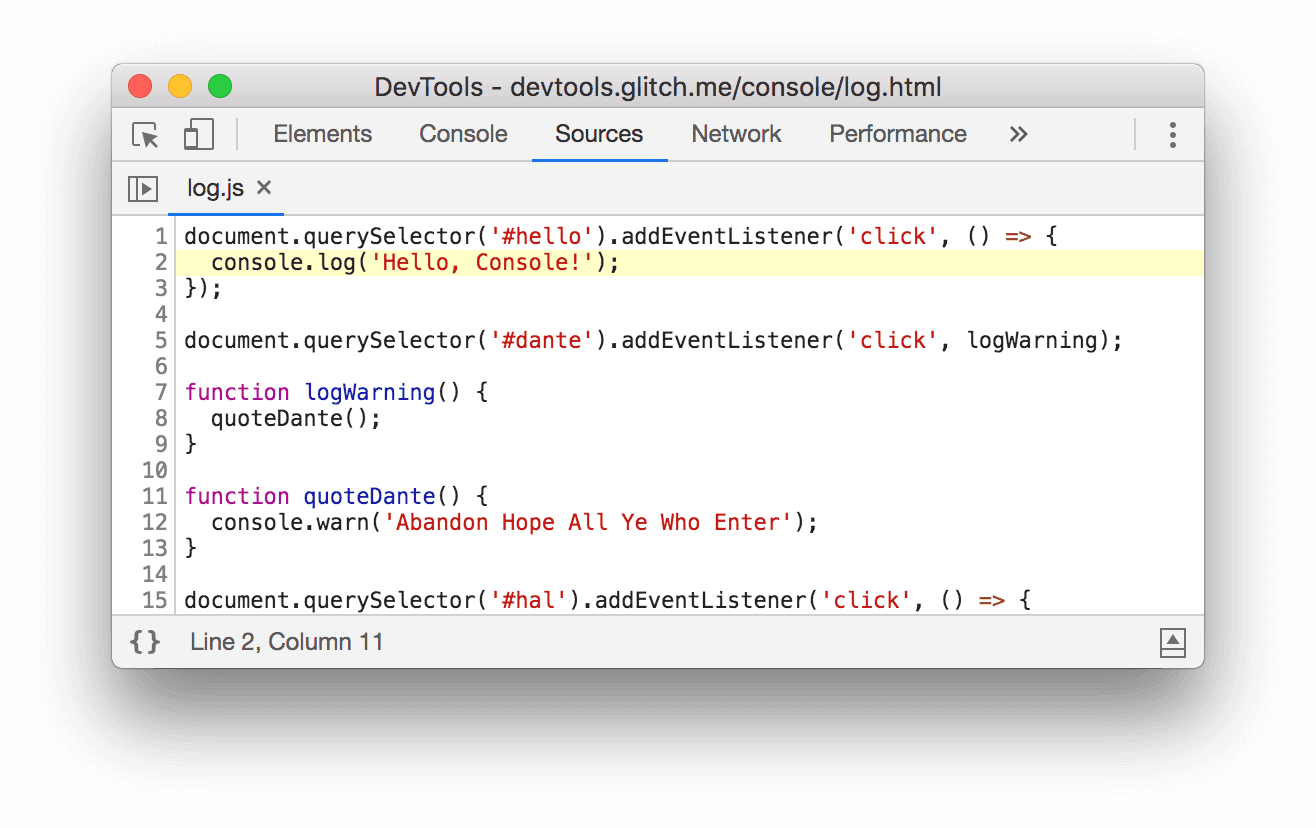 Geliştirici Araçları, log.js:2 seçeneğini tıklamanızdan sonra Kaynaklar panelini açar.