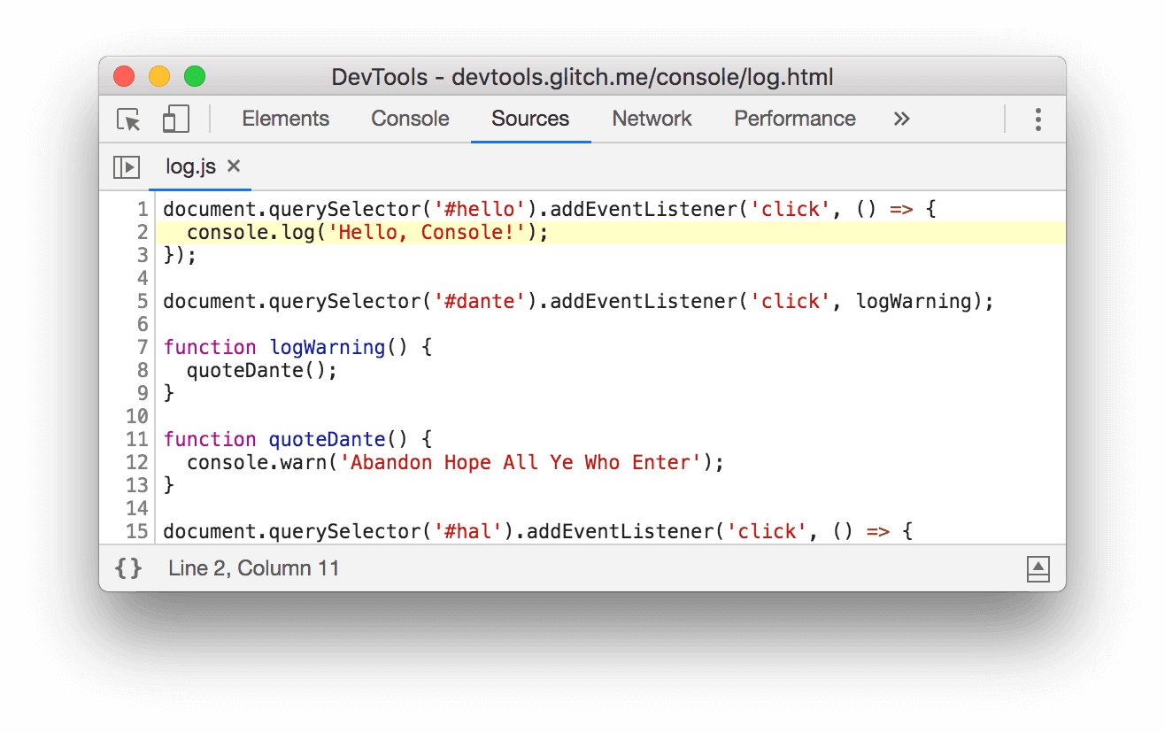 Log.js:2 पर क्लिक करने के बाद, DevTools सोर्स पैनल खोलता है.