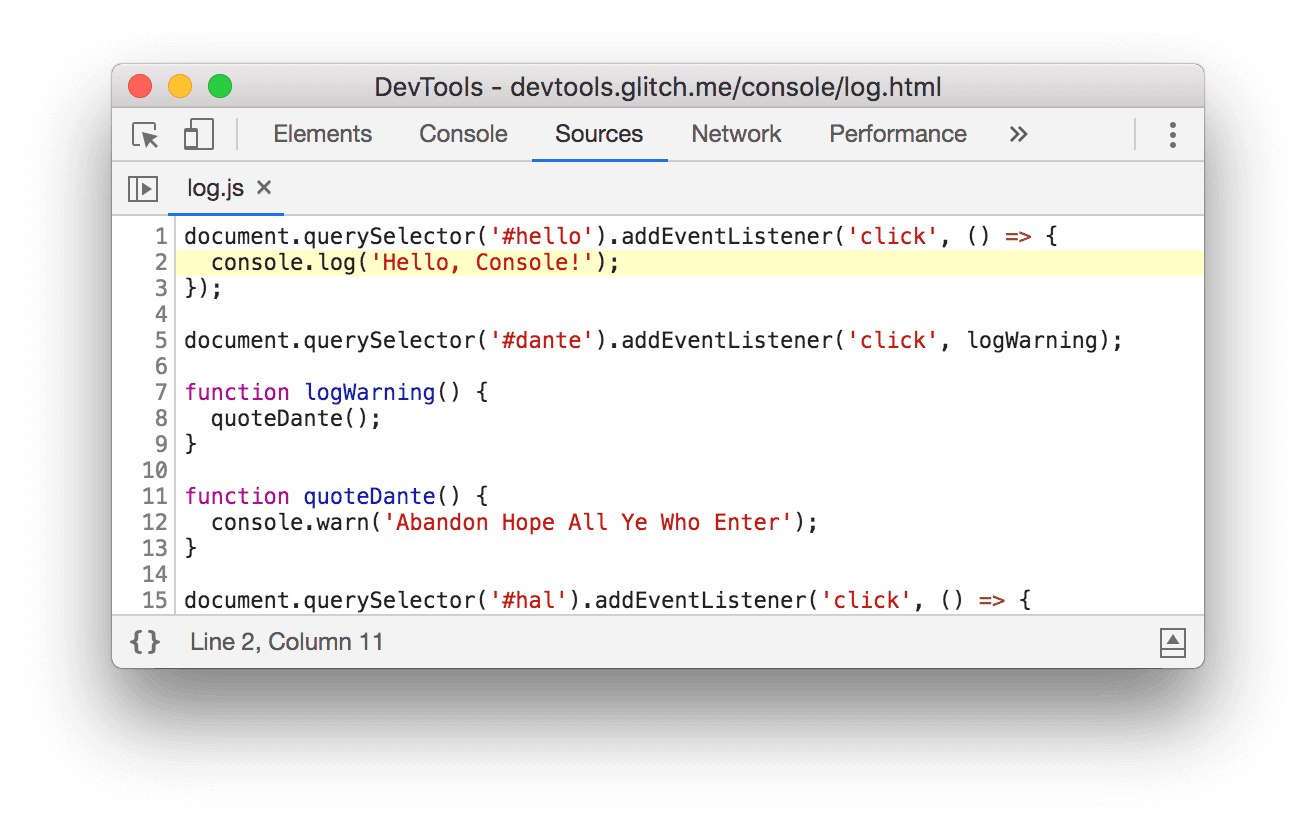 log.js:2 をクリックすると、DevTools で [ソース] パネルが開きます。