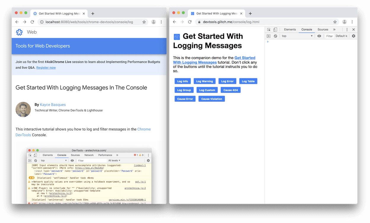 DevTools wordt rechts van de demo geopend.