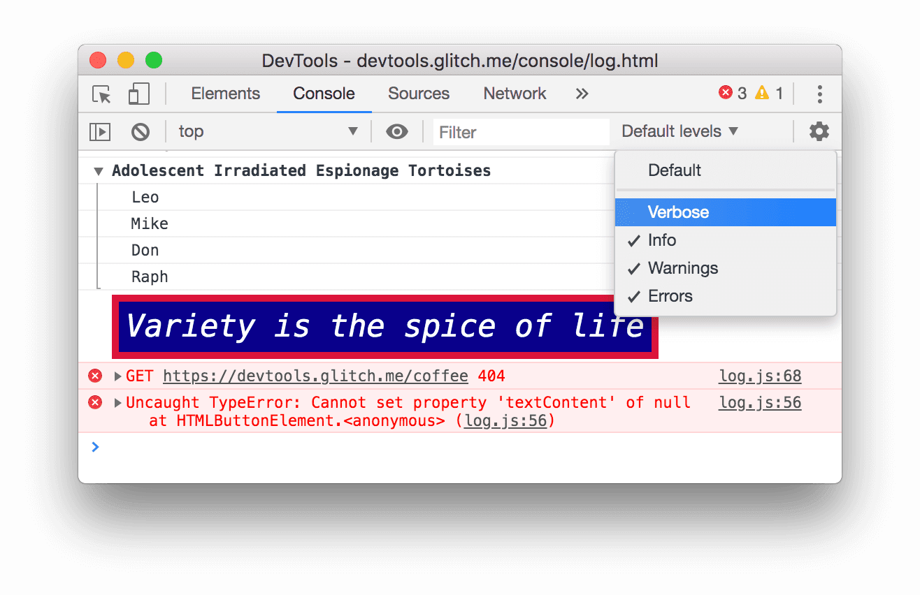 Enabling the Verbose log level.