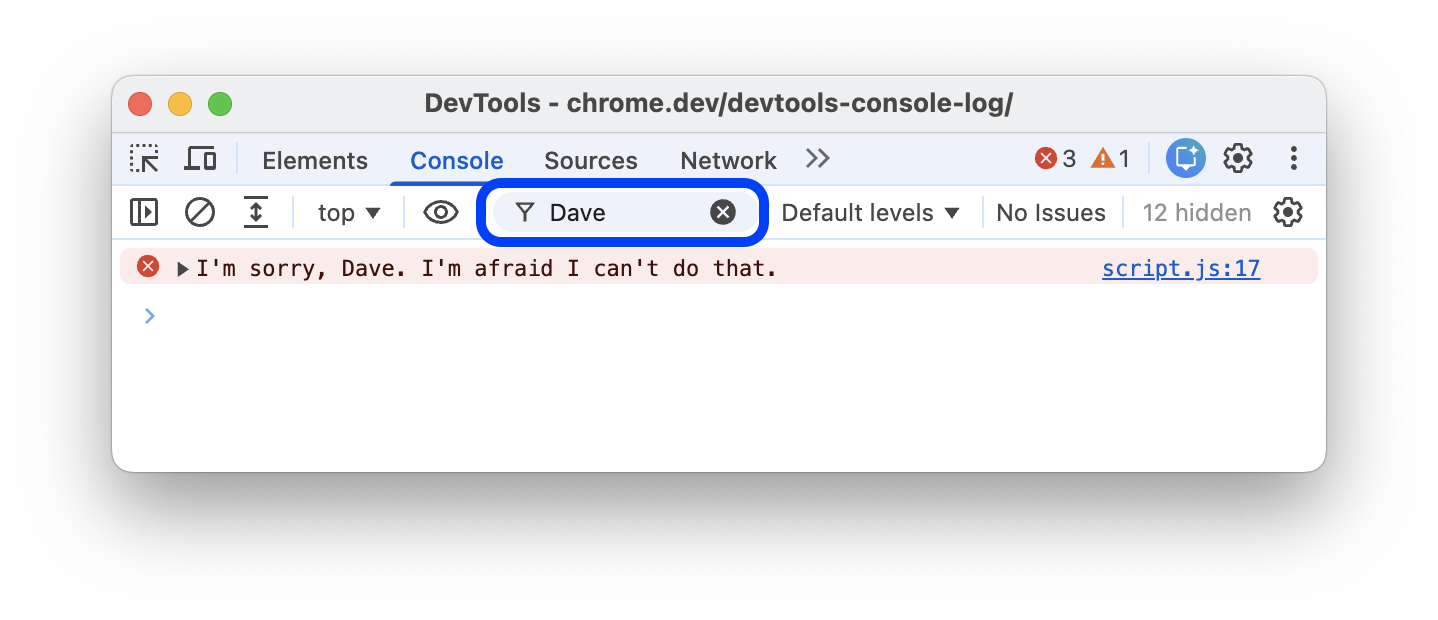 `Dave` を含まないメッセージをフィルタで除外します。