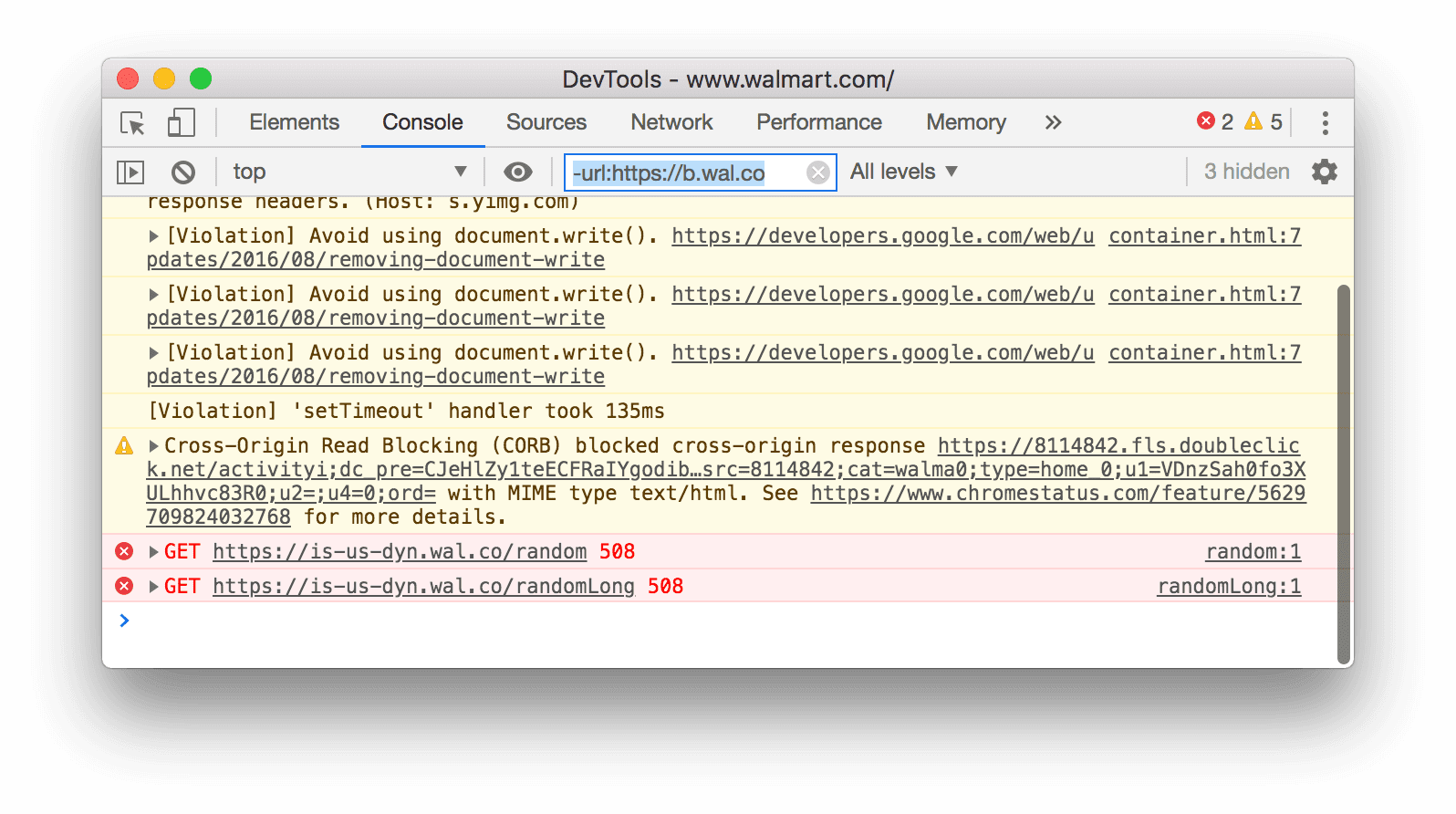 除外 URL フィルタ。指定された URL に一致するすべてのメッセージが DevTools で非表示になっています。