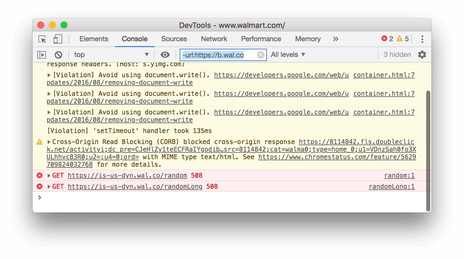 除外 URL フィルタ。DevTools は、指定された URL に一致するすべてのメッセージを非表示にしています。