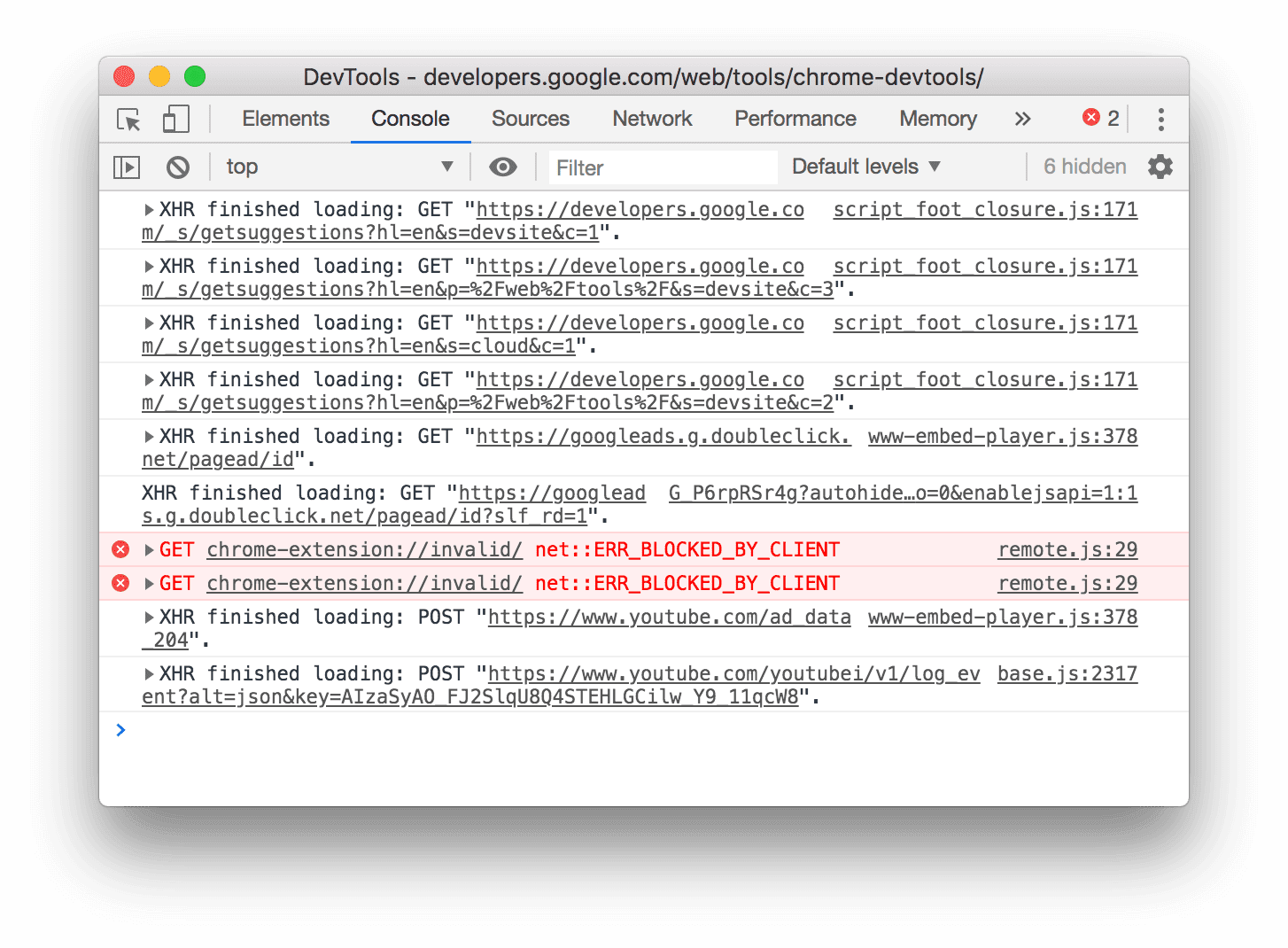 Tampilan permintaan XMLHttpRequest dan Fetch yang dicatat ke dalam log setelah penghapusan pengelompokan.