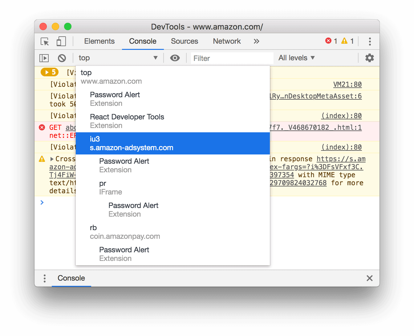 Sélectionner un autre contexte JavaScript