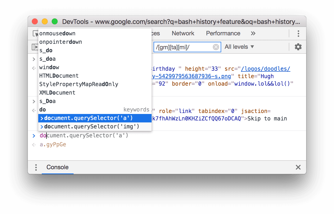 Console features reference, DevTools