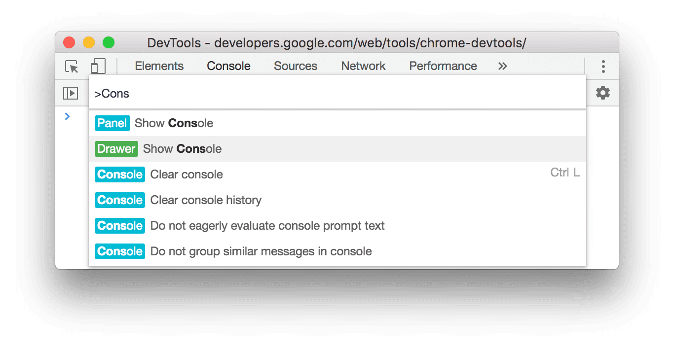 الأمر الخاص بعرض علامة التبويب Console (وحدة التحكّم) في &quot;الدرج&quot;.