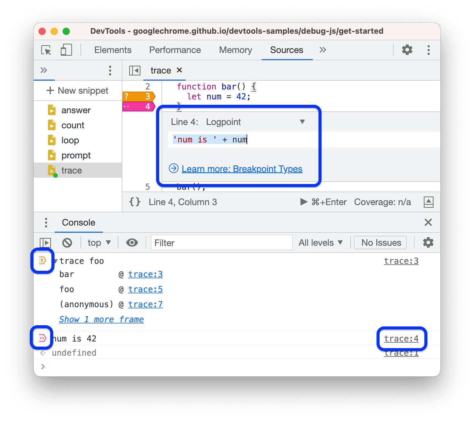 Console, स्थिति के हिसाब से ब्रेकपॉइंट और लॉगपॉइंट से बनाए गए मैसेज को मार्क करता है.