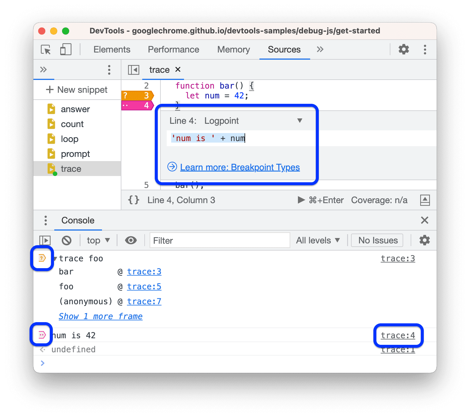 La console marque les messages créés avec des points d&#39;arrêt et de journalisation conditionnels.