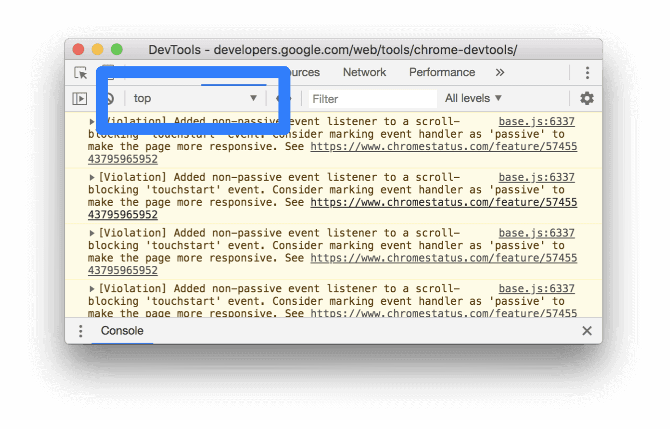 รายการแบบเลื่อนลงของบริบท JavaScript