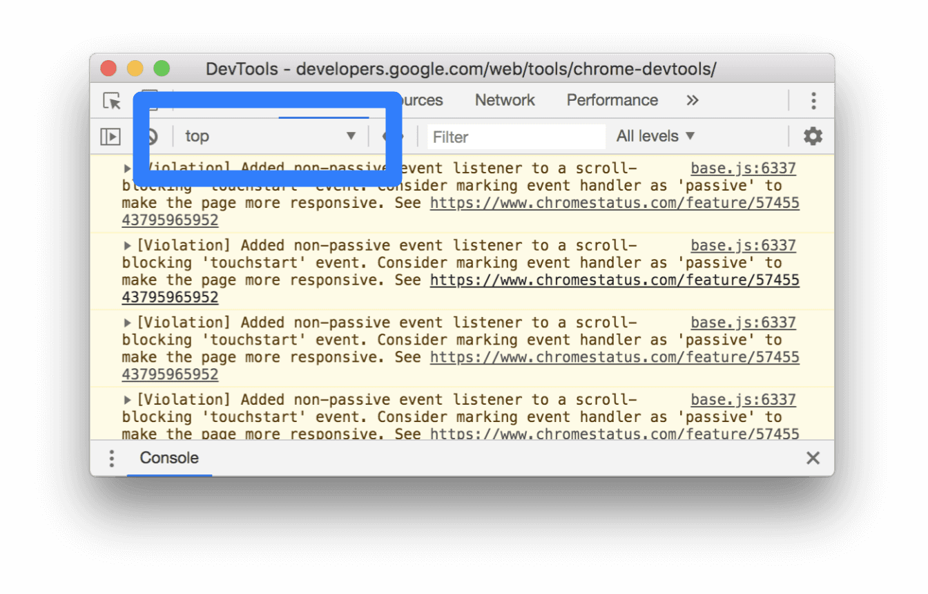 Menu suspenso "Contexto do JavaScript".