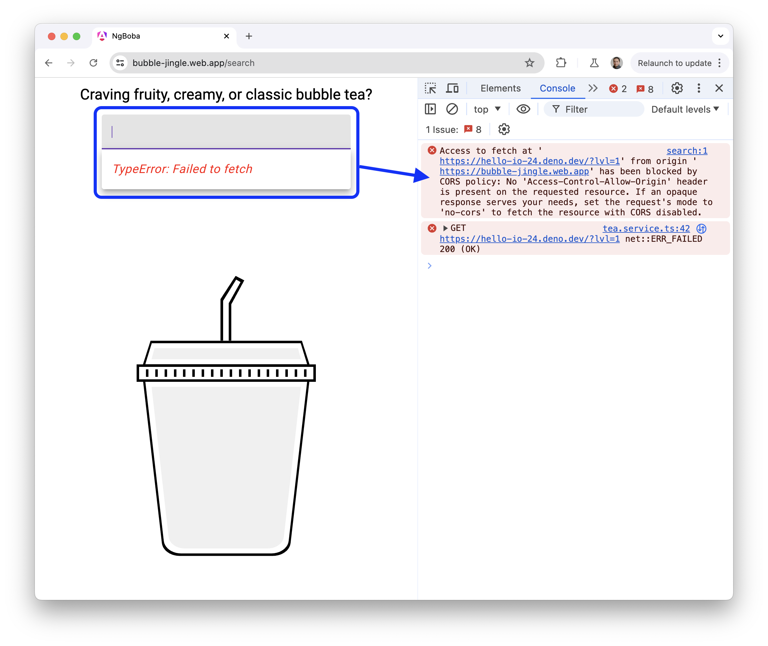 Açılır menü getirilemediğinde Console'da oluşan hata.