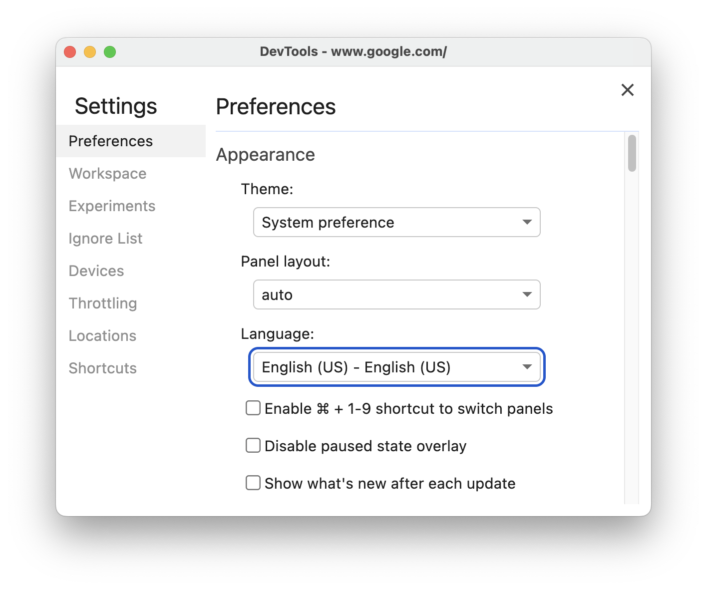 Setelan bahasa di DevTools.