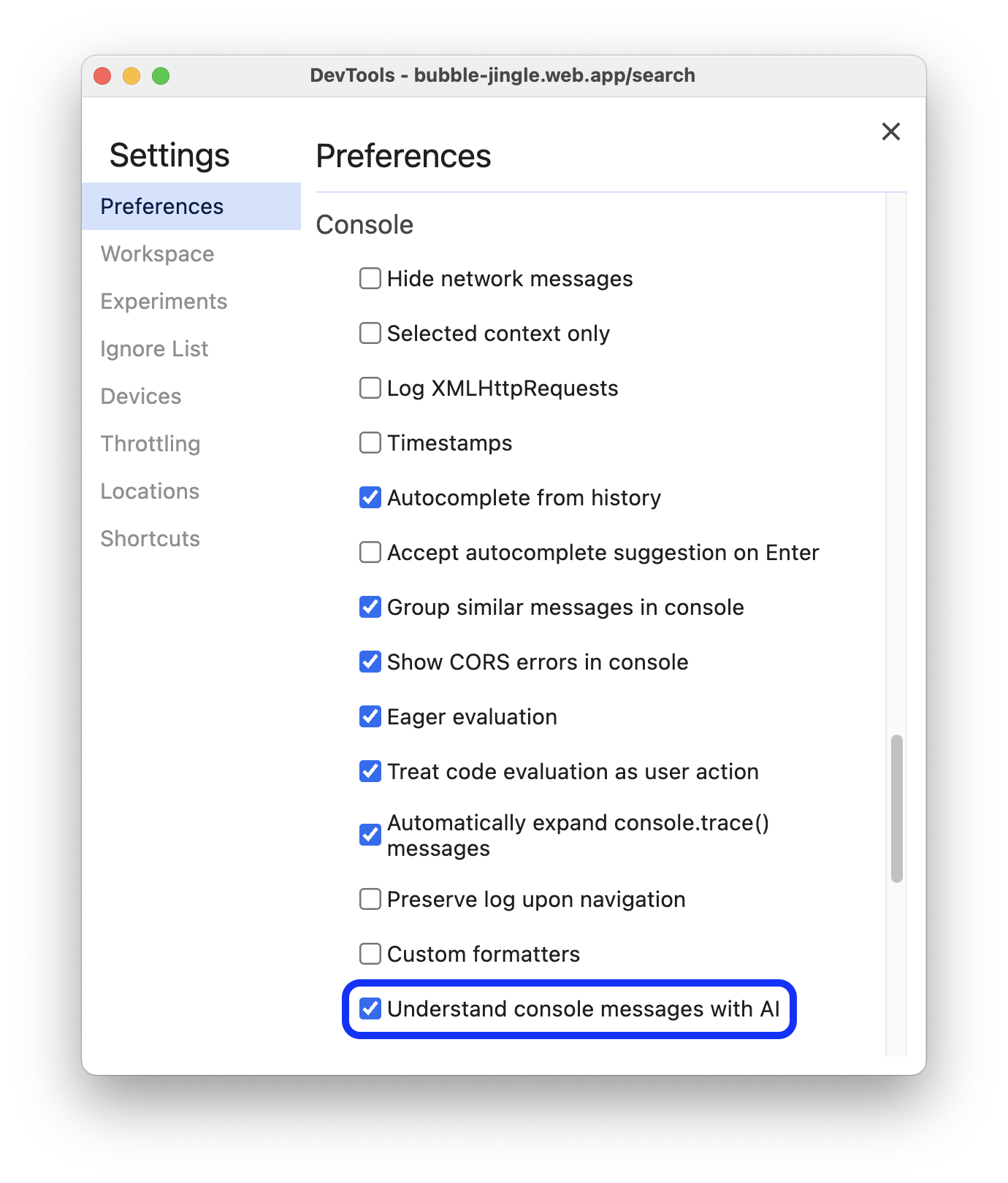 Paramètre &quot;Comprendre les messages de la console grâce à l&#39;IA&quot;.