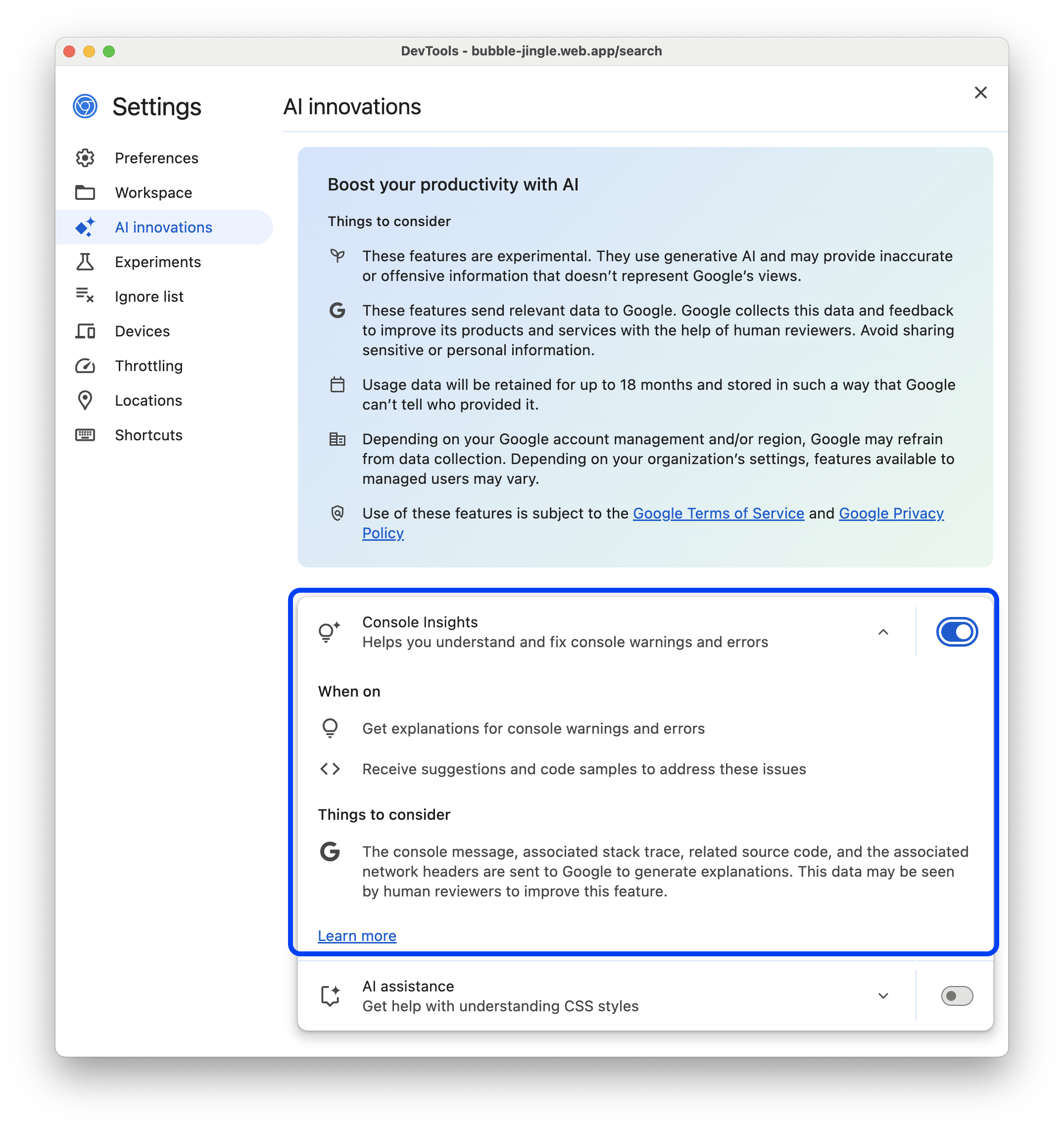 A alternância de insights do console nas configurações.