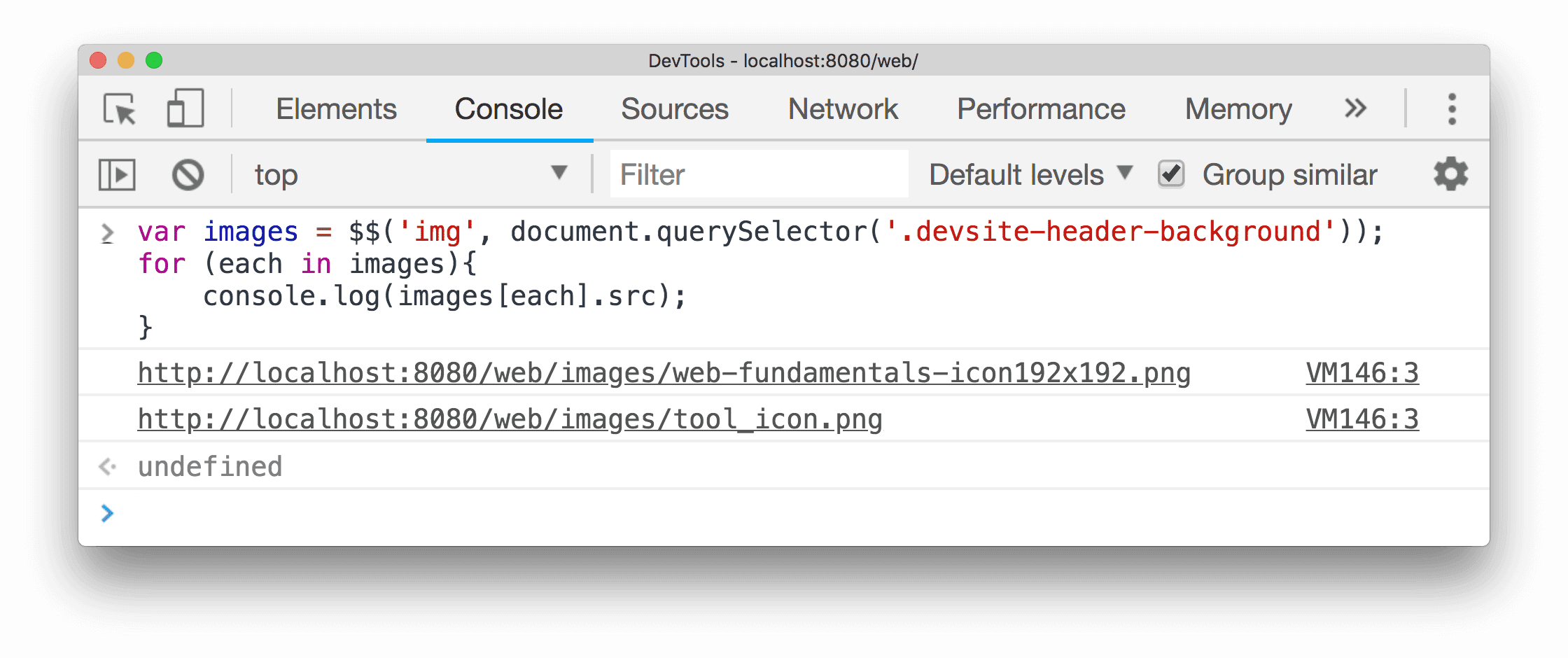 ตัวอย่างการใช้ $() เพื่อเลือกรูปภาพทั้งหมดที่ปรากฏอยู่หลังองค์ประกอบ div ที่เลือกในเอกสาร และแสดงแหล่งที่มา