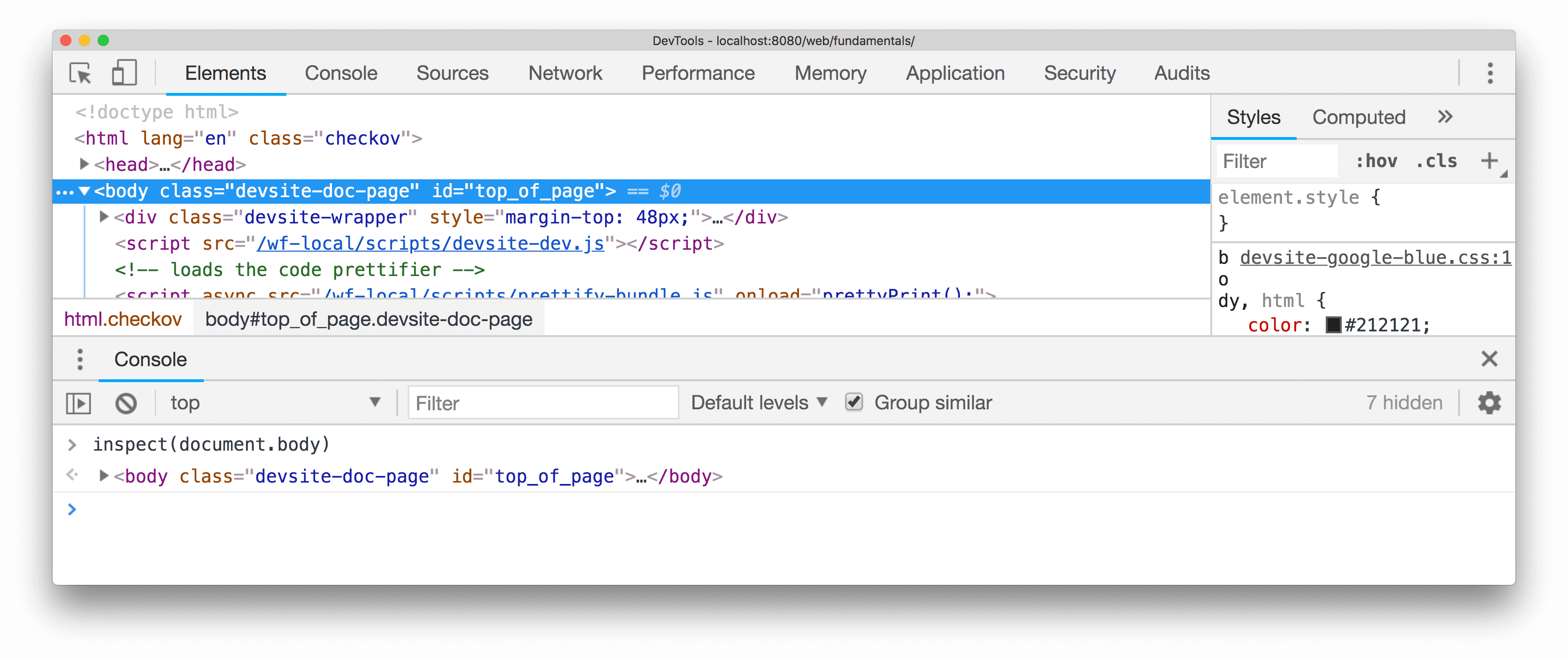 Проверка элемента с помощью inspect().