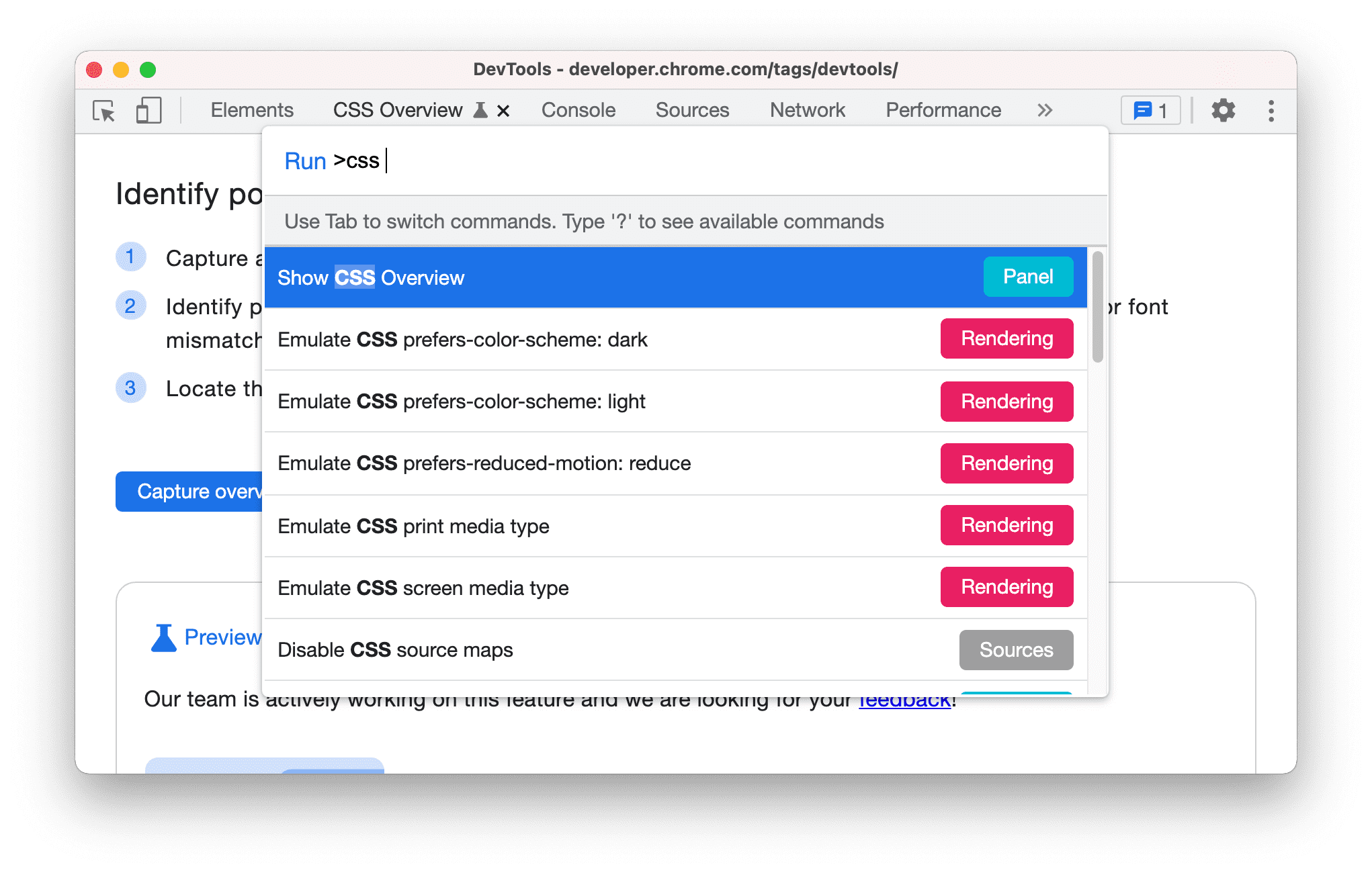 Geef de opdracht CSS-overzicht weer in het menu Commando.