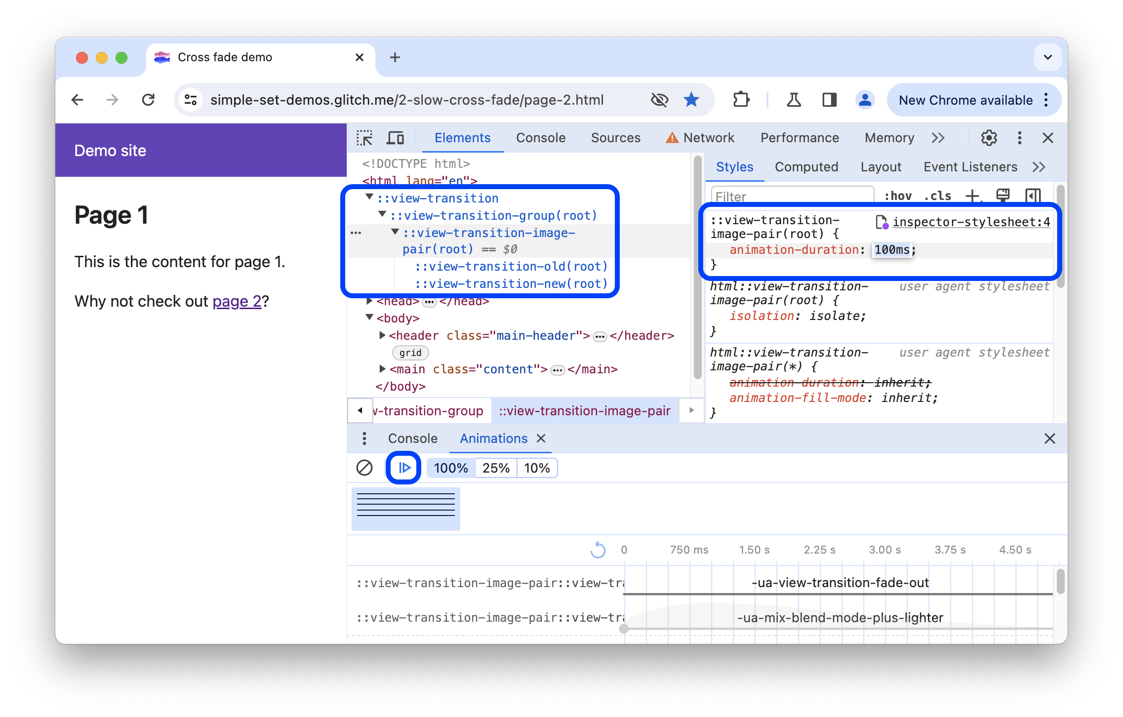 De CSS van het pseudo-element ::view-transition bewerken.