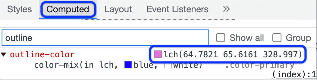 color-mix() の計算結果の値。