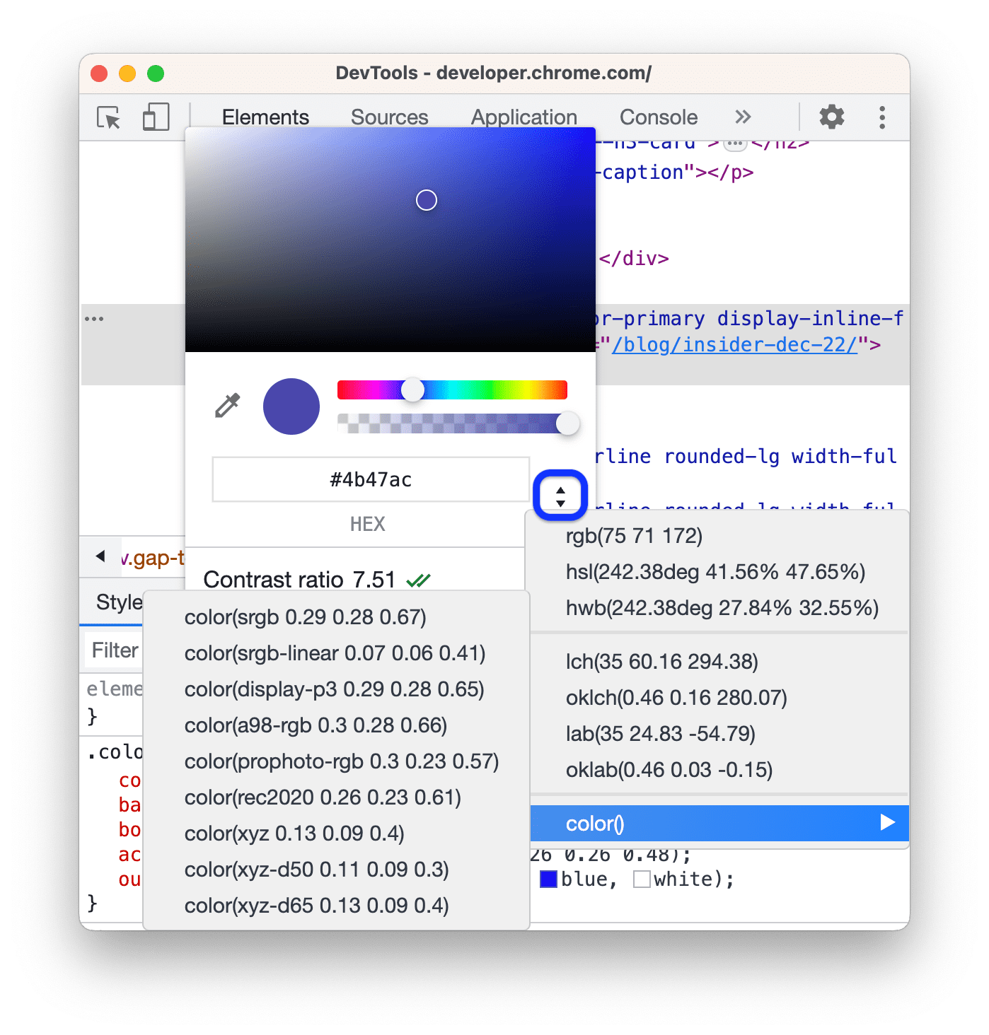 La lista desplegable con todos los espacios de color compatibles.