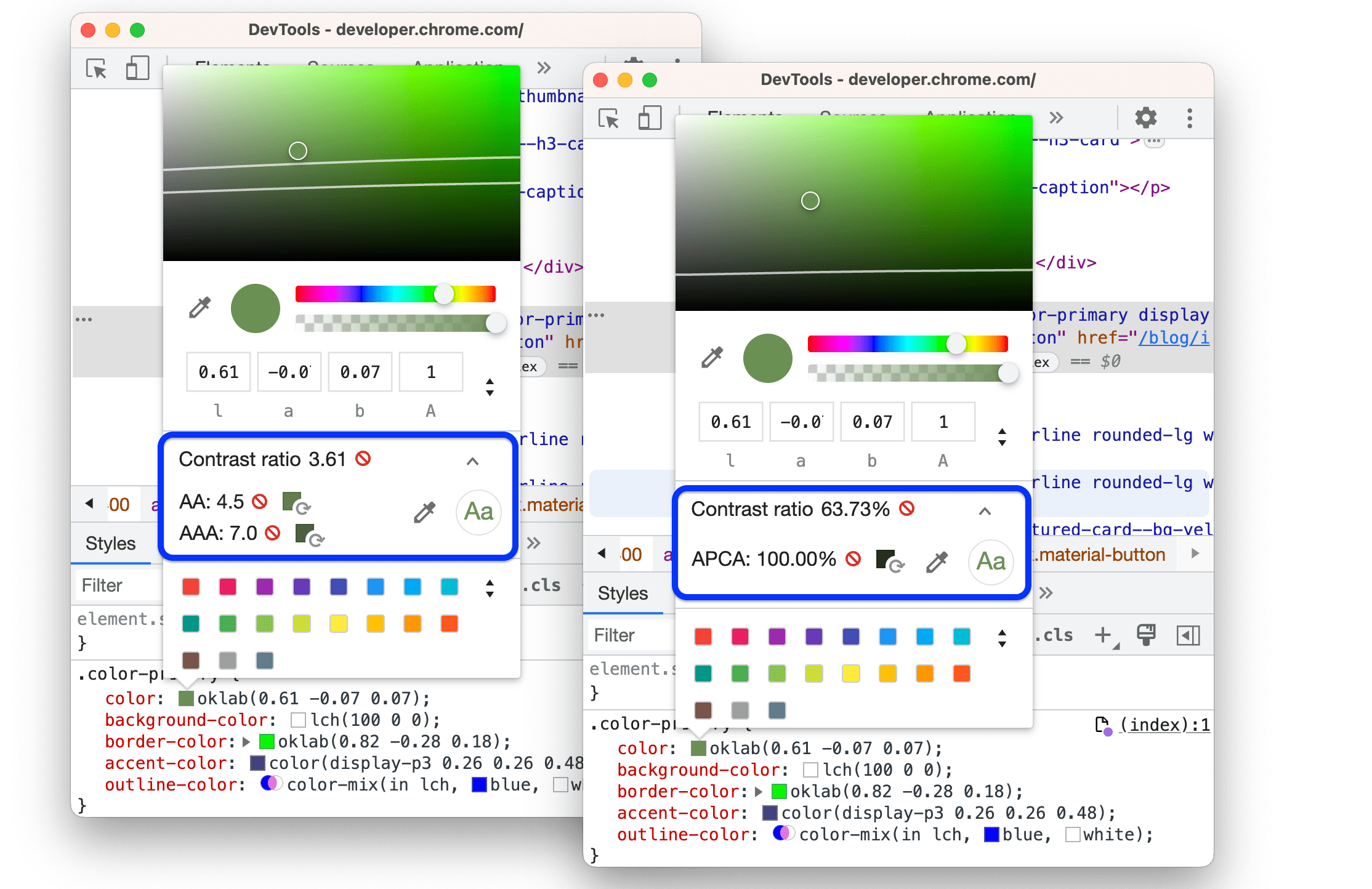 WebAIM または APCA のガイドラインを含む展開されたコントラスト比のセクション。