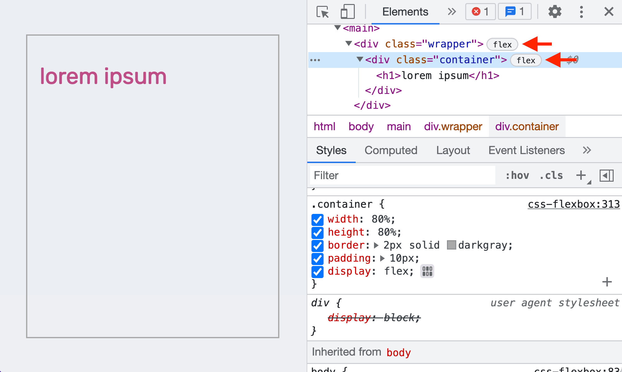 Inspect and debug CSS flexbox layouts, DevTools