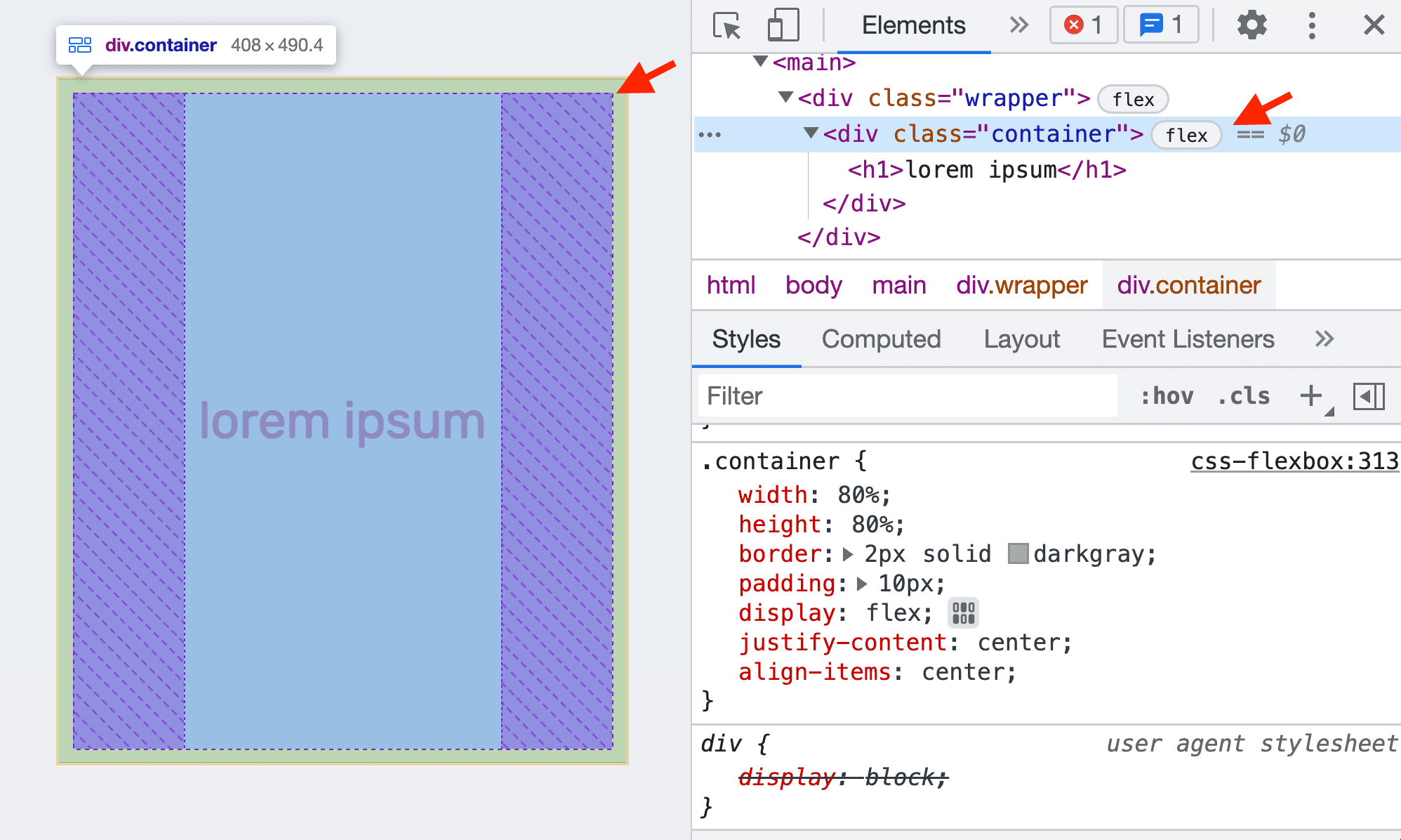 Bewegen Sie den Mauszeiger auf ein Flexbox-Element.