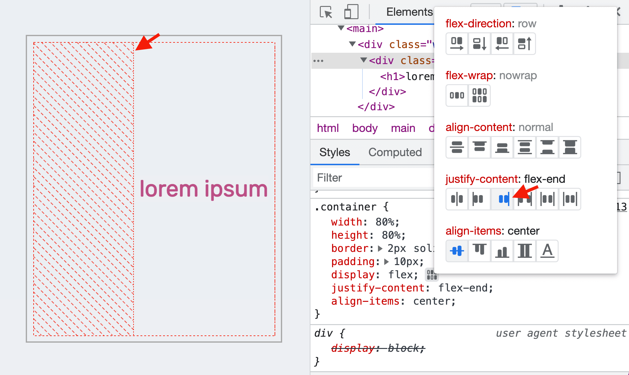 {i>justify-content<i}: {i>flex-end<i}