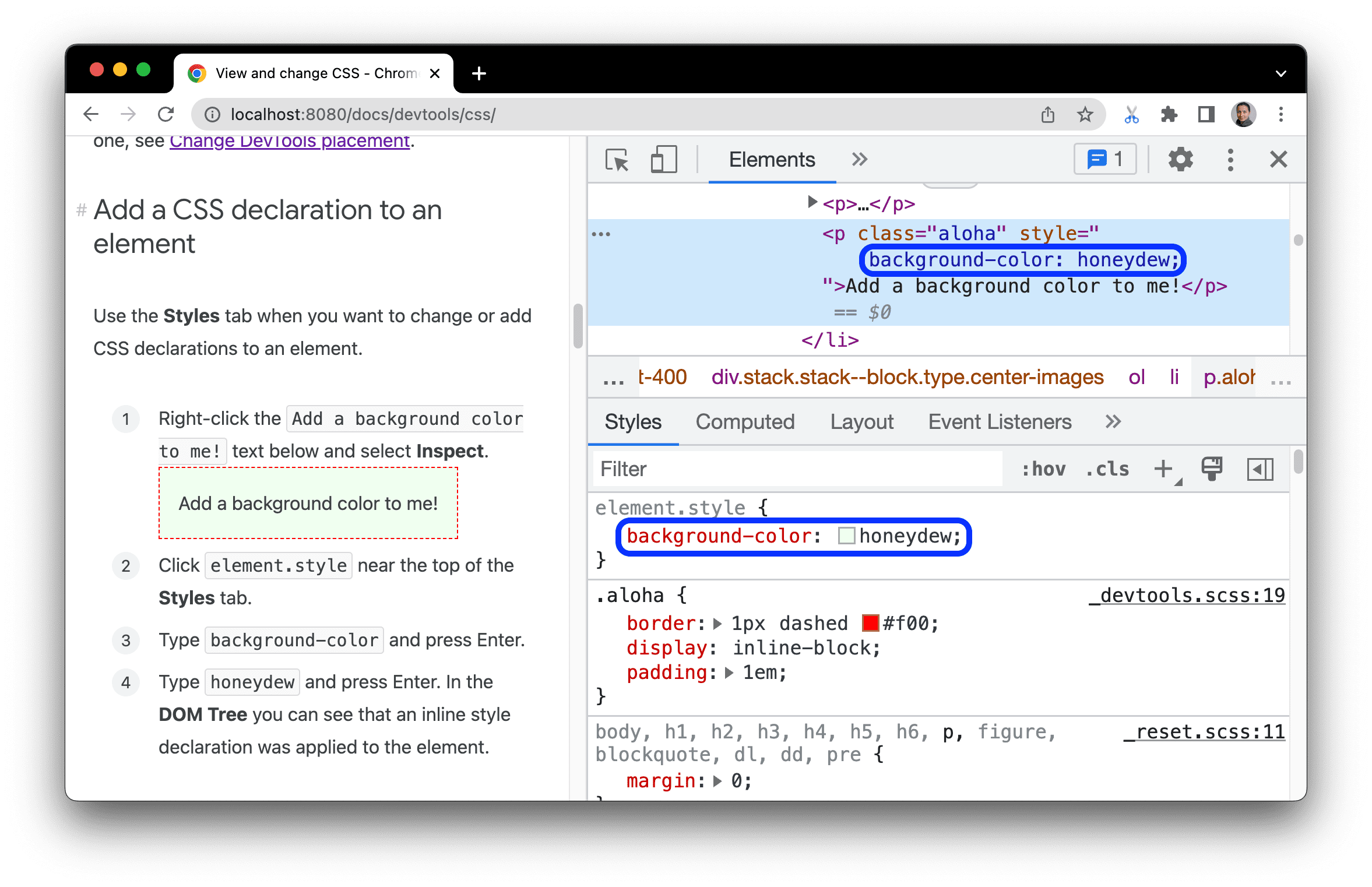 Een CSS-declaratie aan het element toevoegen via het tabblad Stijlen.