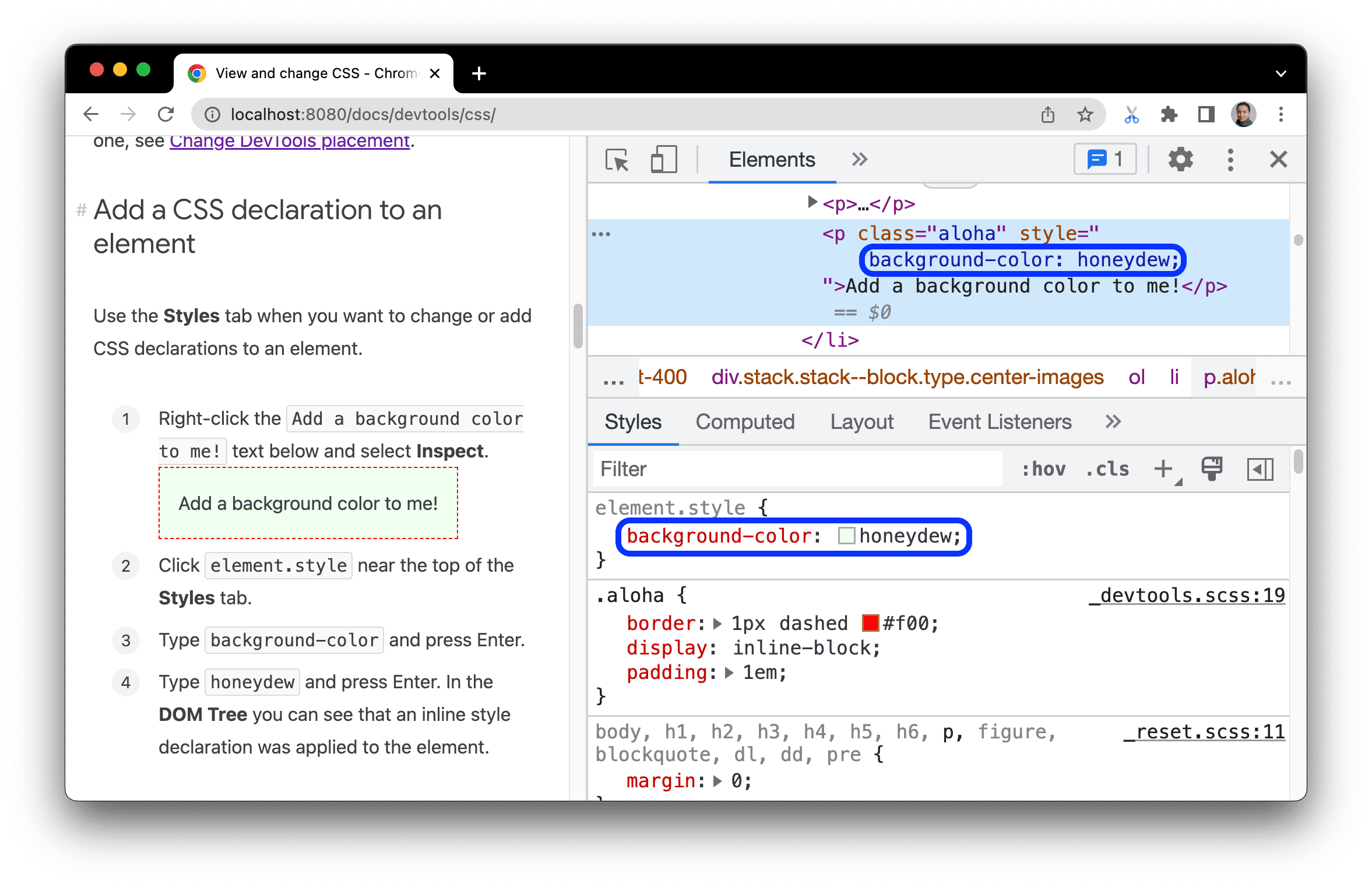 Adicionar uma declaração de CSS ao elemento pela guia &quot;Styles&quot;.