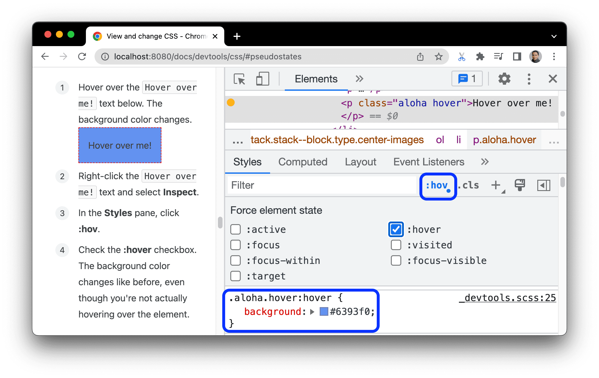 Toggling the hover pseudostate on an element.