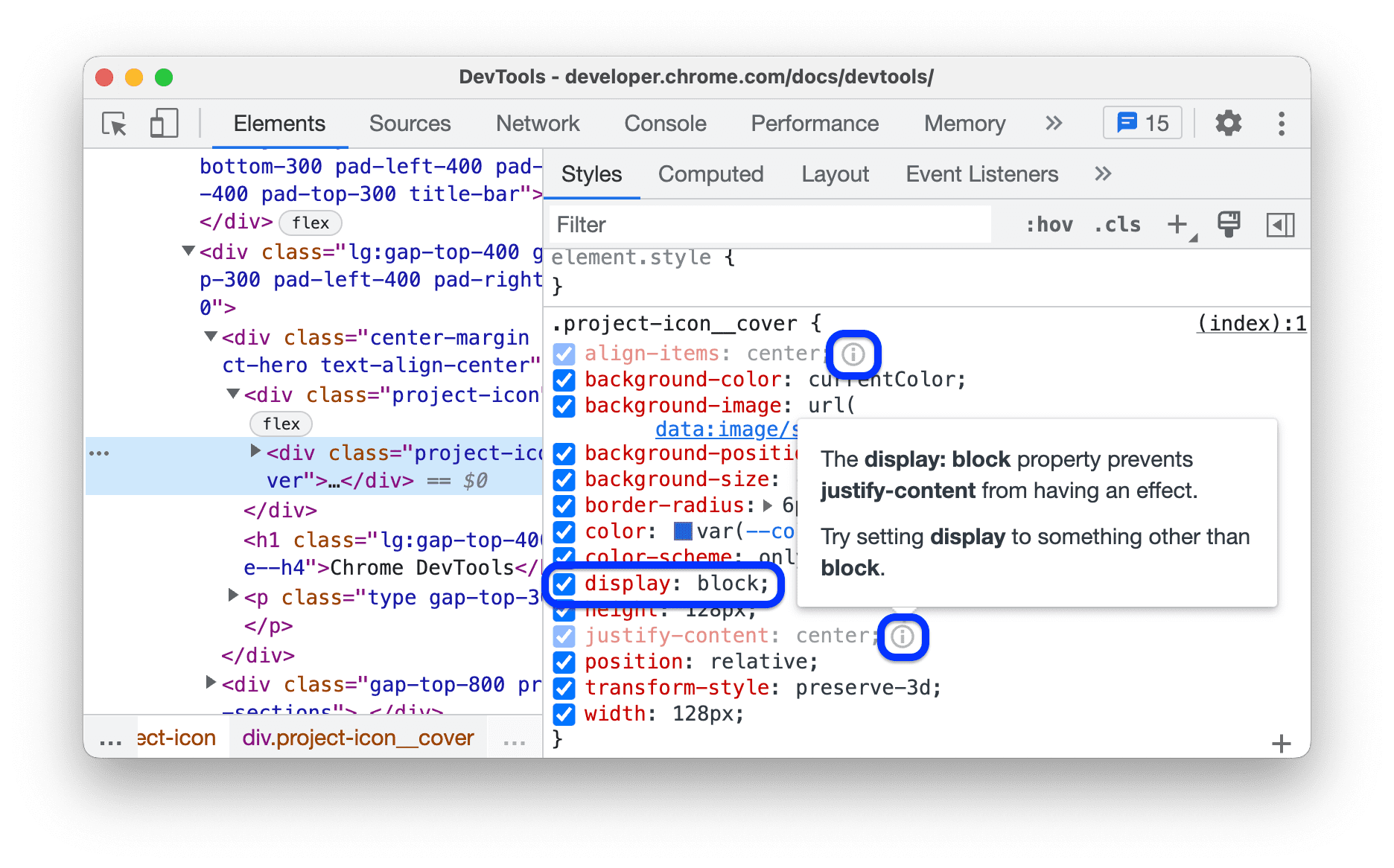 Deklarasi CSS tidak aktif dengan petunjuk.