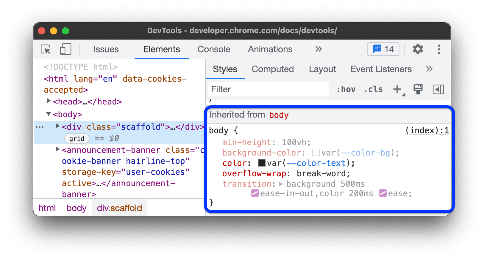 Phần &quot;Kế thừa từ phần thân&quot; liệt kê CSS được kế thừa và không được kế thừa.