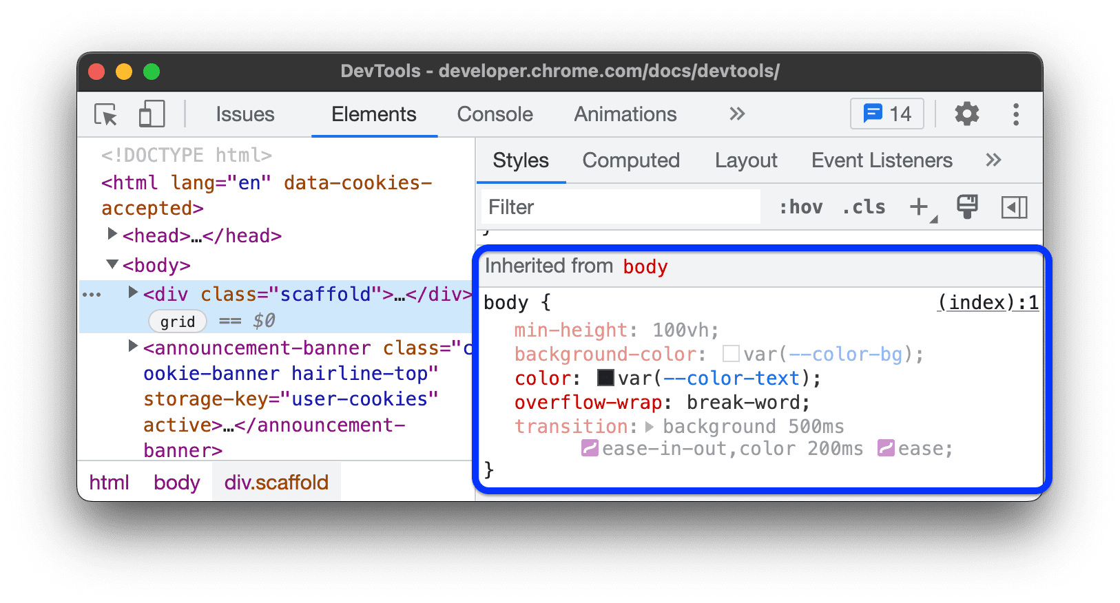 「Inherited from body」部分列出已繼承和未繼承的 CSS。