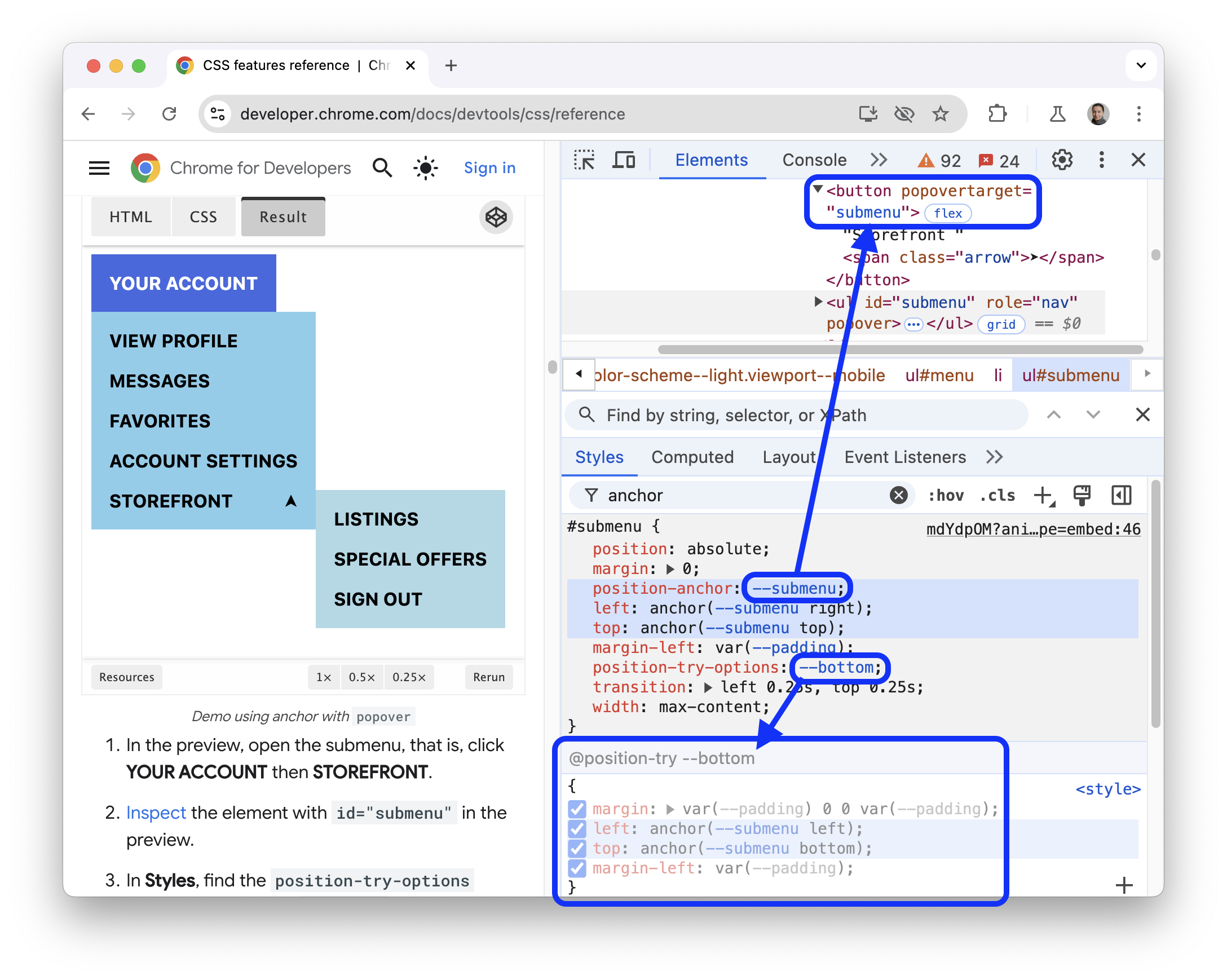 The position-try-options property, the @position-try section, and the element with the popover target attribute.