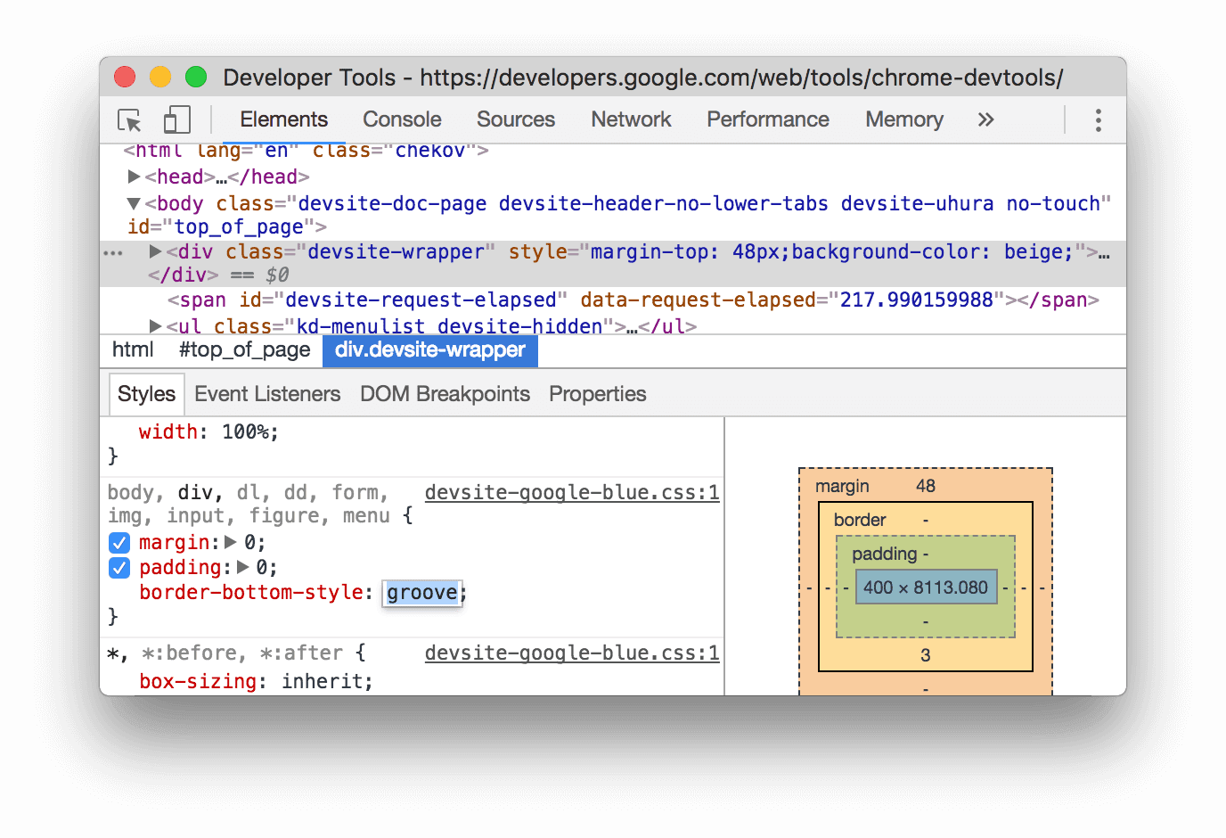 CSS features reference, DevTools